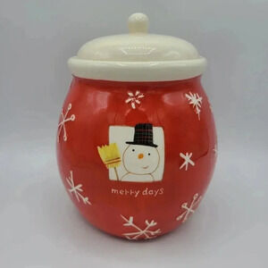 Hallmark Merry Days Snowman Snowflake Ceramic Cookie Jar Canister Red White